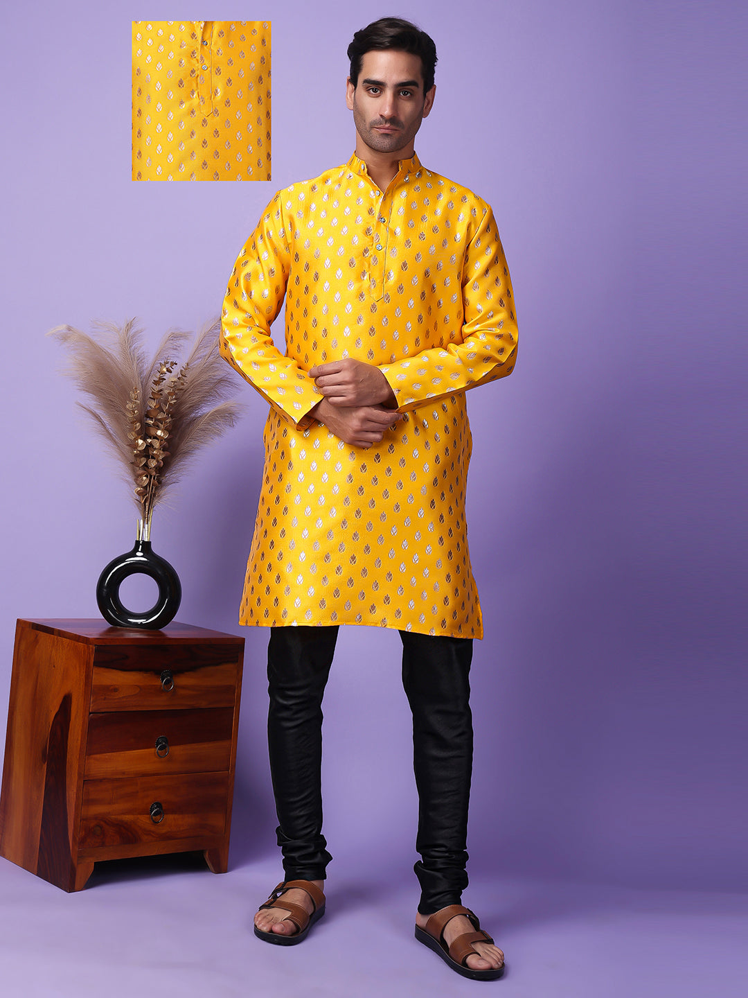 Online Shopping for Men Kids fashion Lifestyle Hangup Hangup Men Partywear Weaved Yellow Kurta Pyjama Set Hangupindia