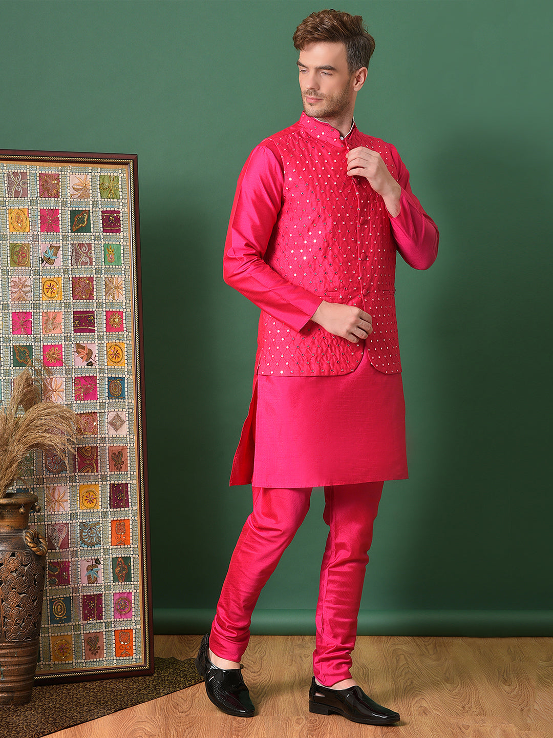 Hangup Men's Ethnic Pink Long Kurta Pyjama and Nehru Jacket Set