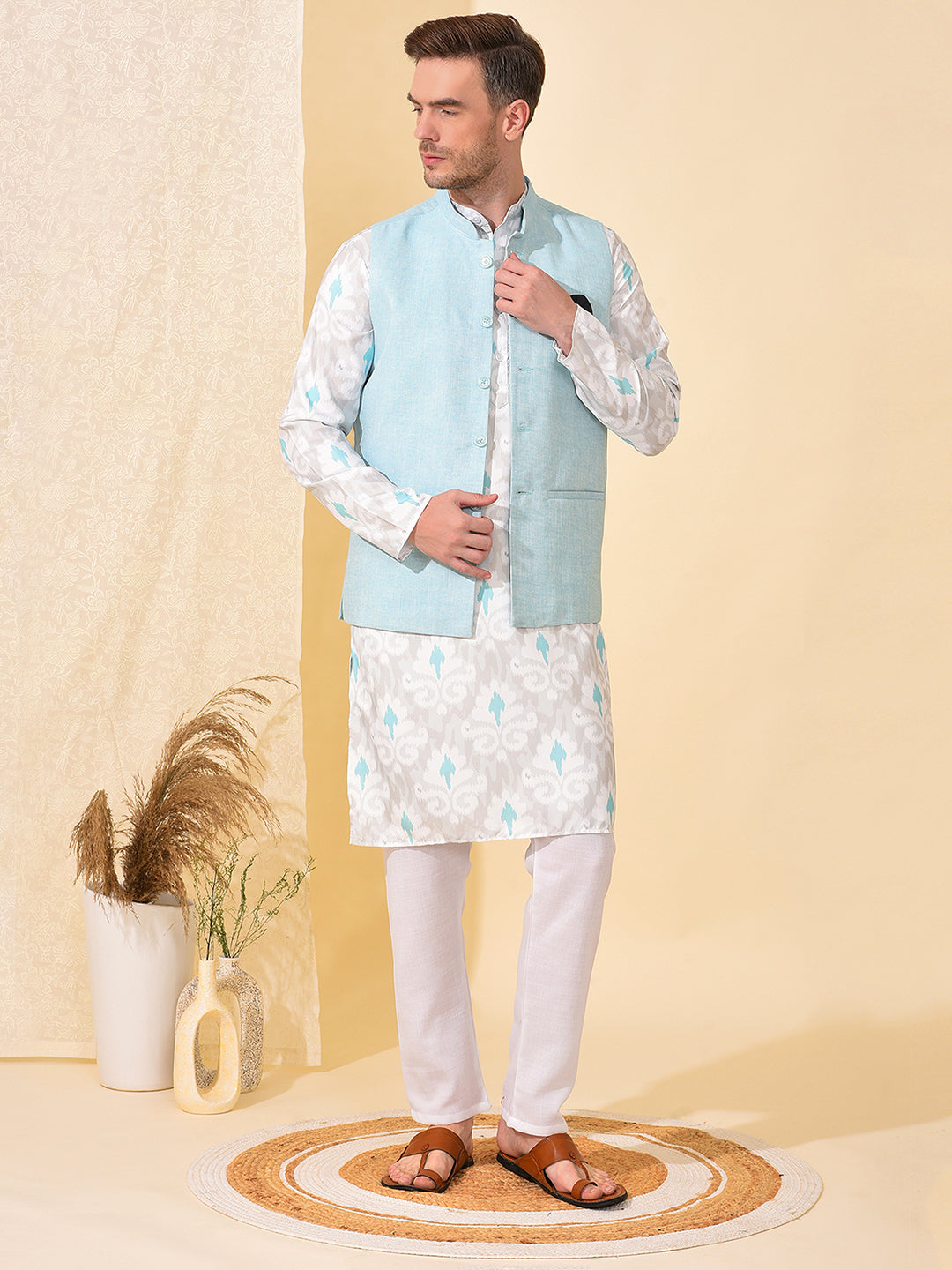 Hangup Men's Ethnic Aqua Long Kurta Pyjama and Nehru Jacket Set