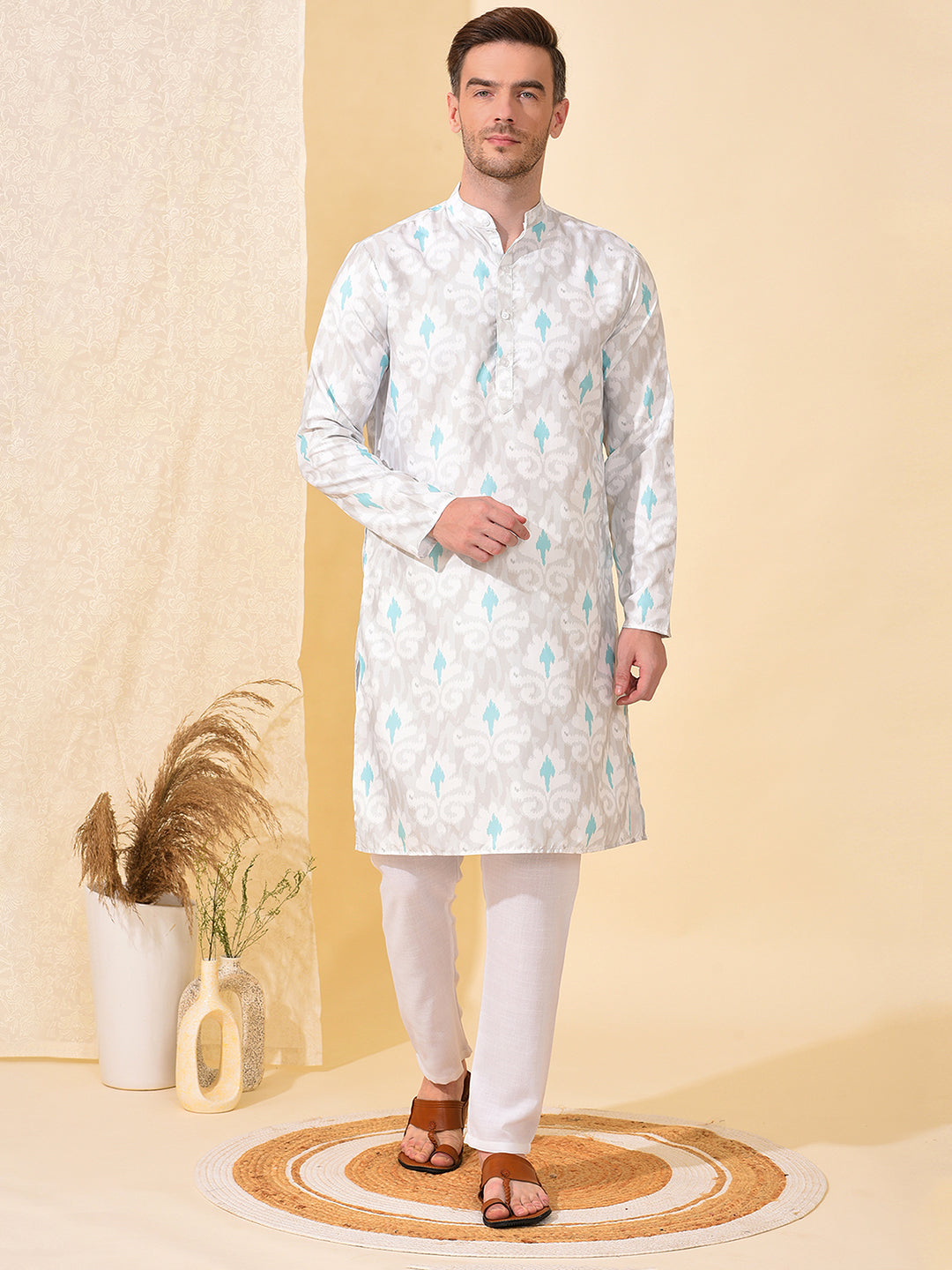 Hangup Men's Ethnic Aqua Long Kurta Pyjama and Nehru Jacket Set