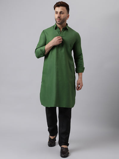 Hangup Men Casualwear Solid Green Pathani Kurta with Salwar Set