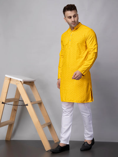 Hangup Men's Partywear Sequence Embroidered Yellow Kurta with Pyjama Set
