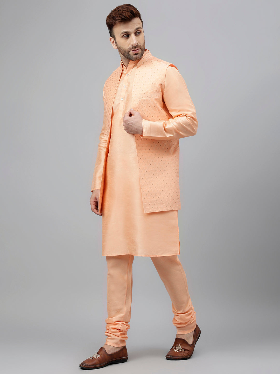 Hangup Men's Ethnic LightPeach Long Kurta Pyjama and Nehru Jacket Set