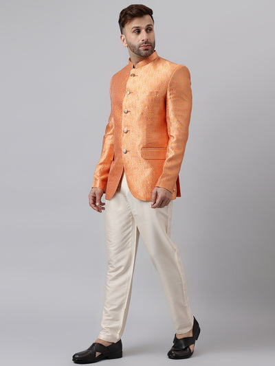 Hangup Men Ethnic Partywear Jacquard Peach Coat with Solid Cream Elastic Pant Set