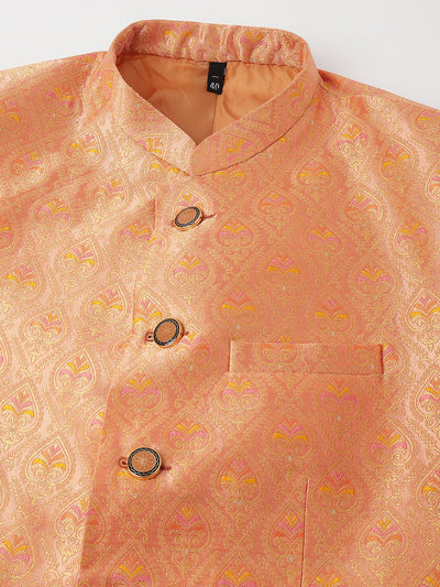Hangup Men Ethnic Partywear Jacquard Peach Coat with Solid Cream Elastic Pant Set