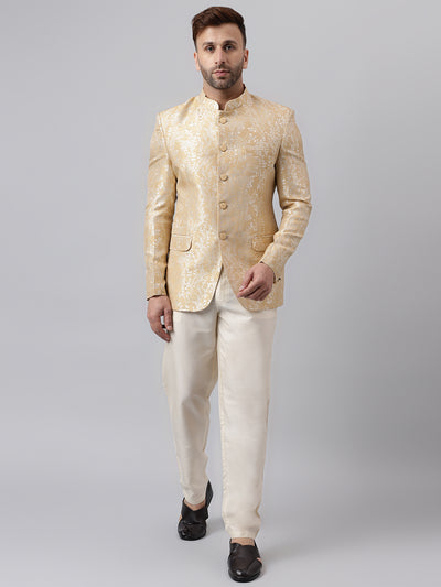 Hangup Men Ethnic Partywear Jacquard Beige Coat with Solid Cream Elastic Pant Set