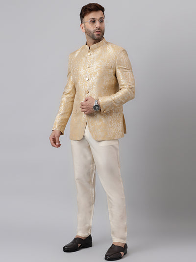 Hangup Men Ethnic Partywear Jacquard Beige Coat with Solid Cream Elastic Pant Set