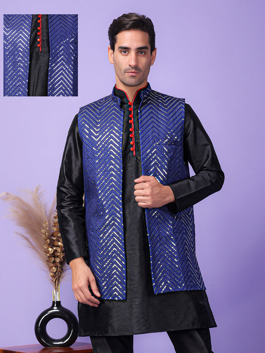 Hangup Men's Partywear Navy Blue Nehru