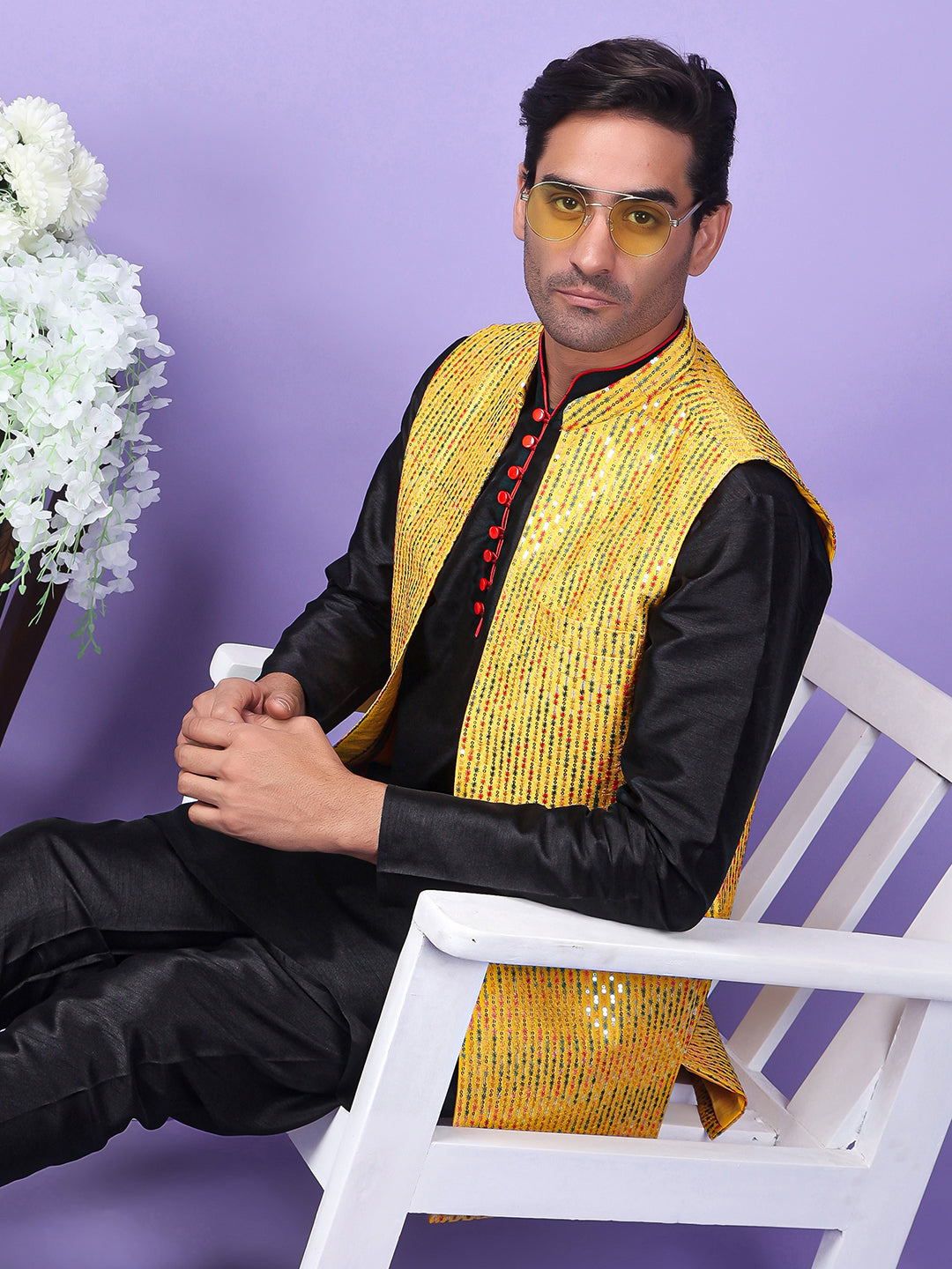 Hangup Men's Partywear Yellow Nehru