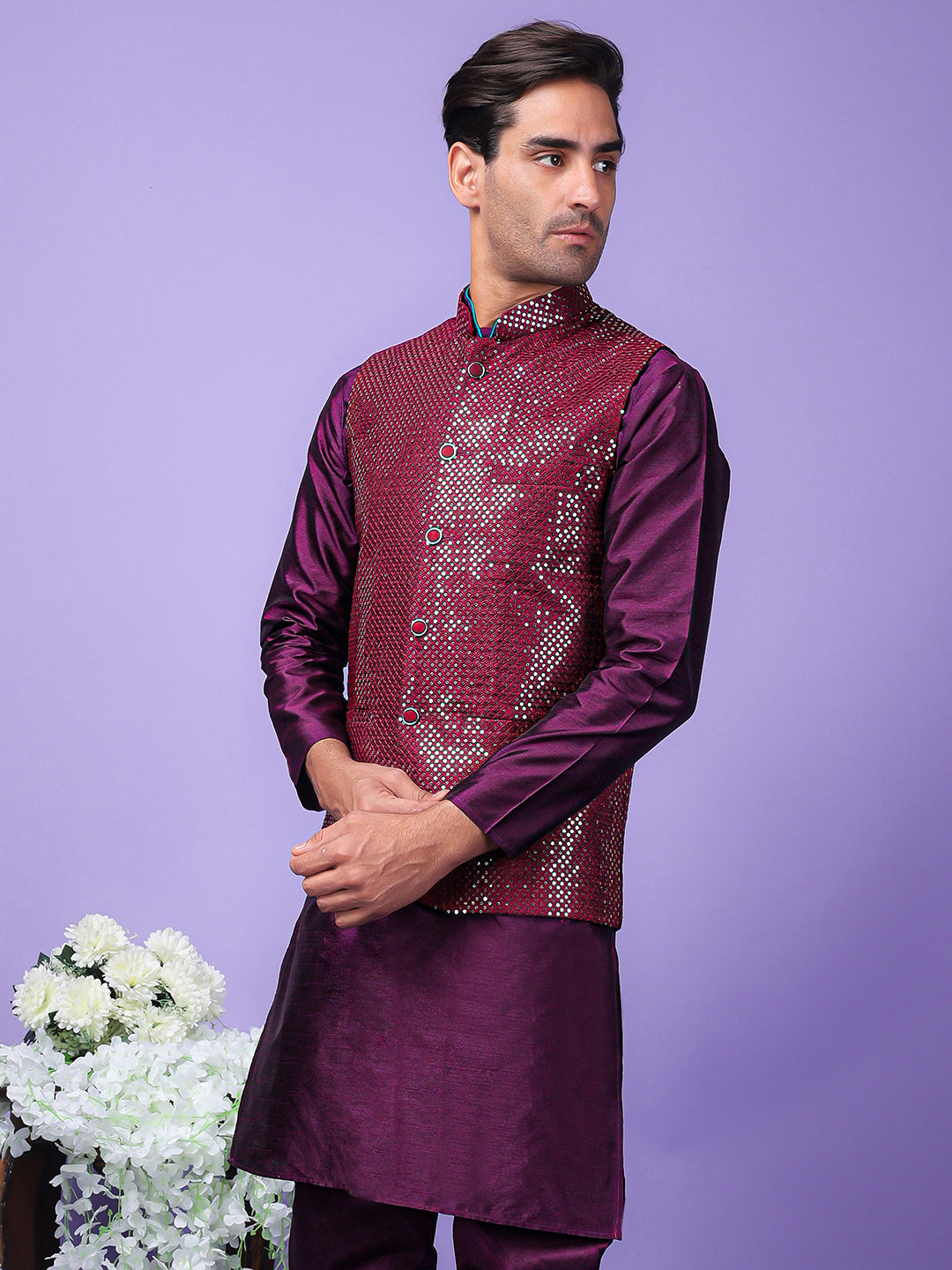 Hangup Men's Partywear Purple Nehru