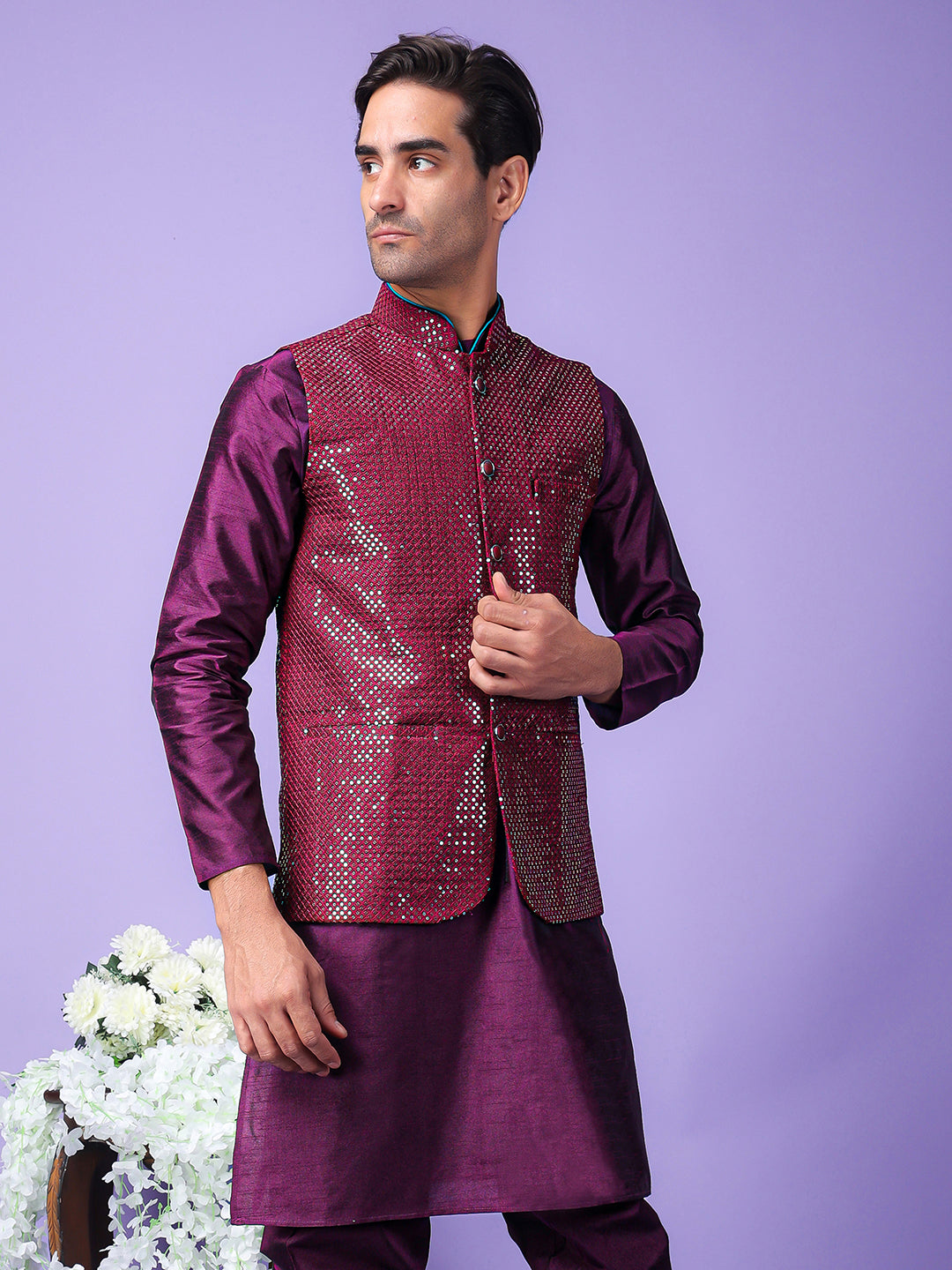 Hangup Men's Partywear Purple Nehru