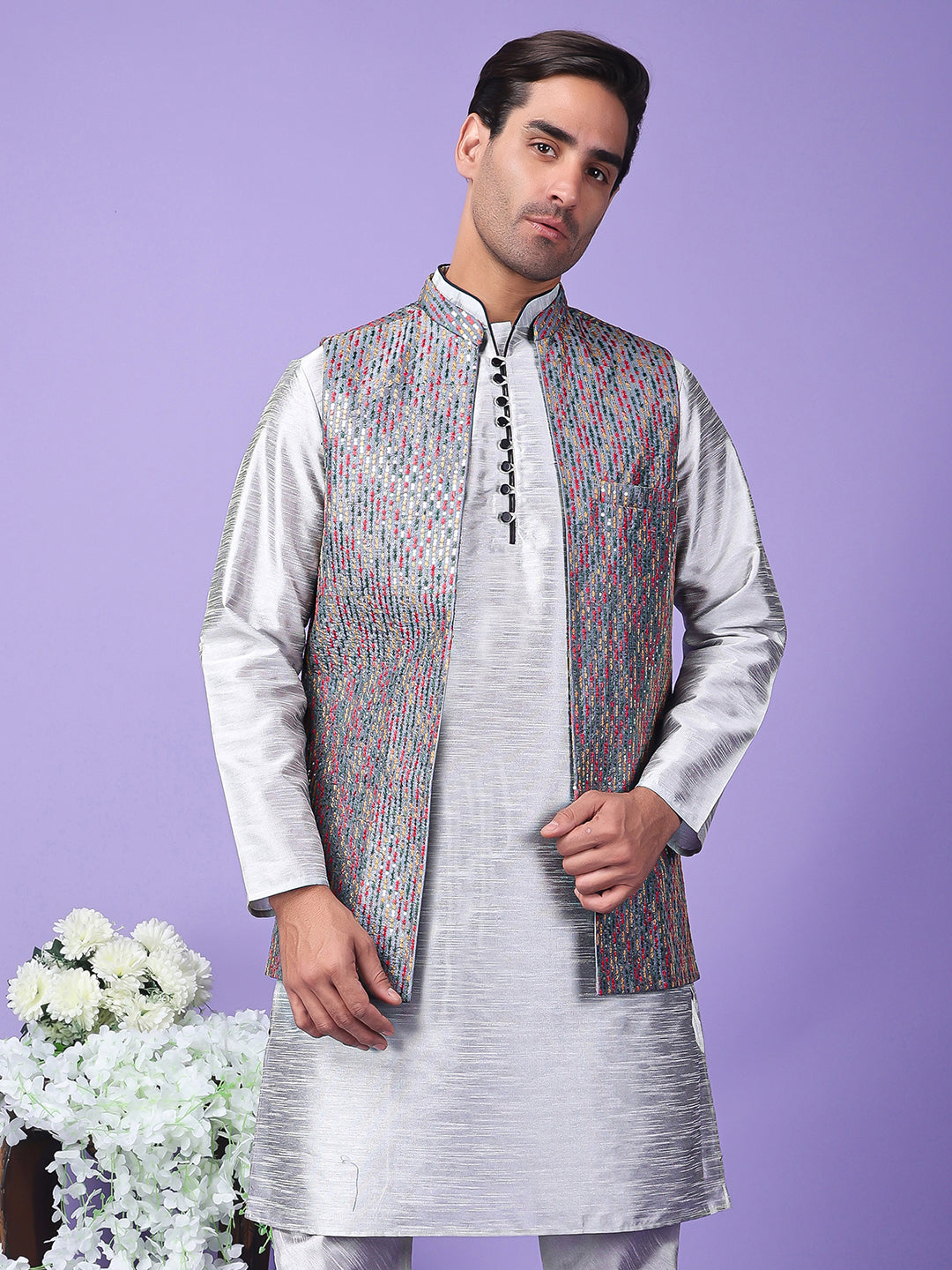 Hangup Men's Partywear Grey Nehru