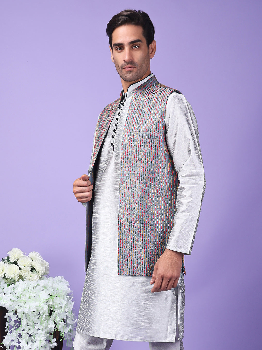 Hangup Men's Partywear Grey Nehru