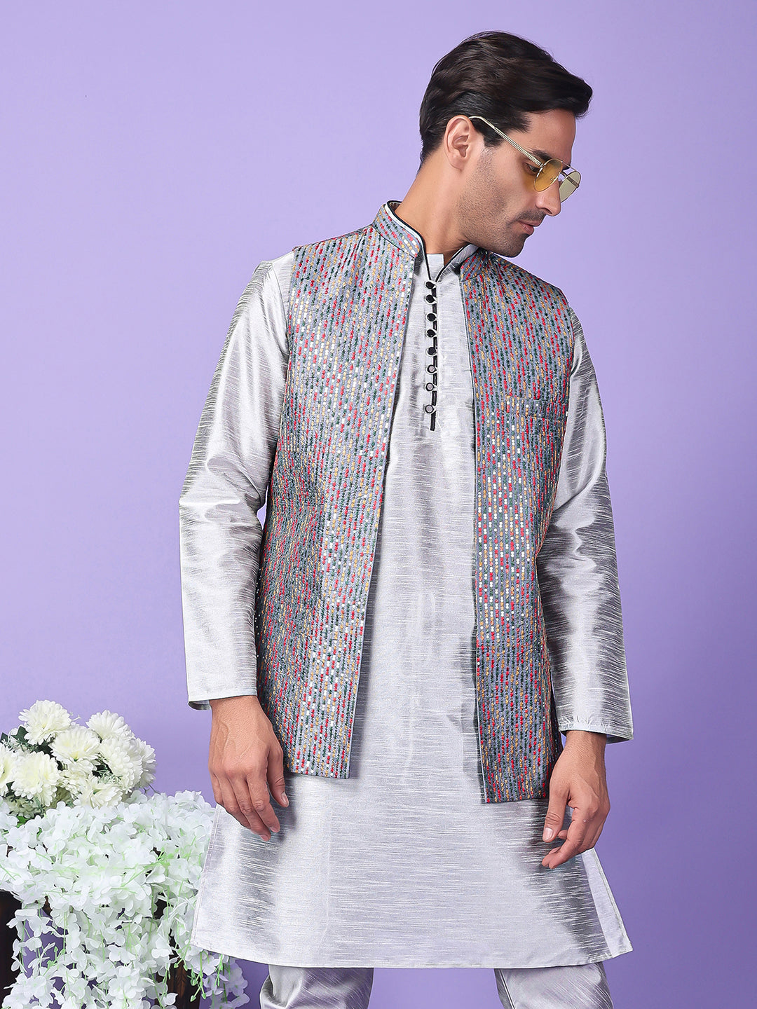 Hangup Men's Partywear Grey Nehru