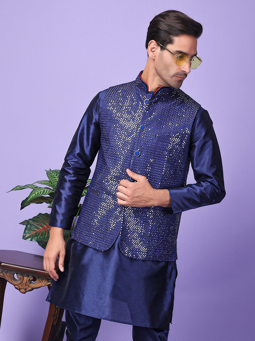 Hangup Men's Partywear DarkBlue Nehru