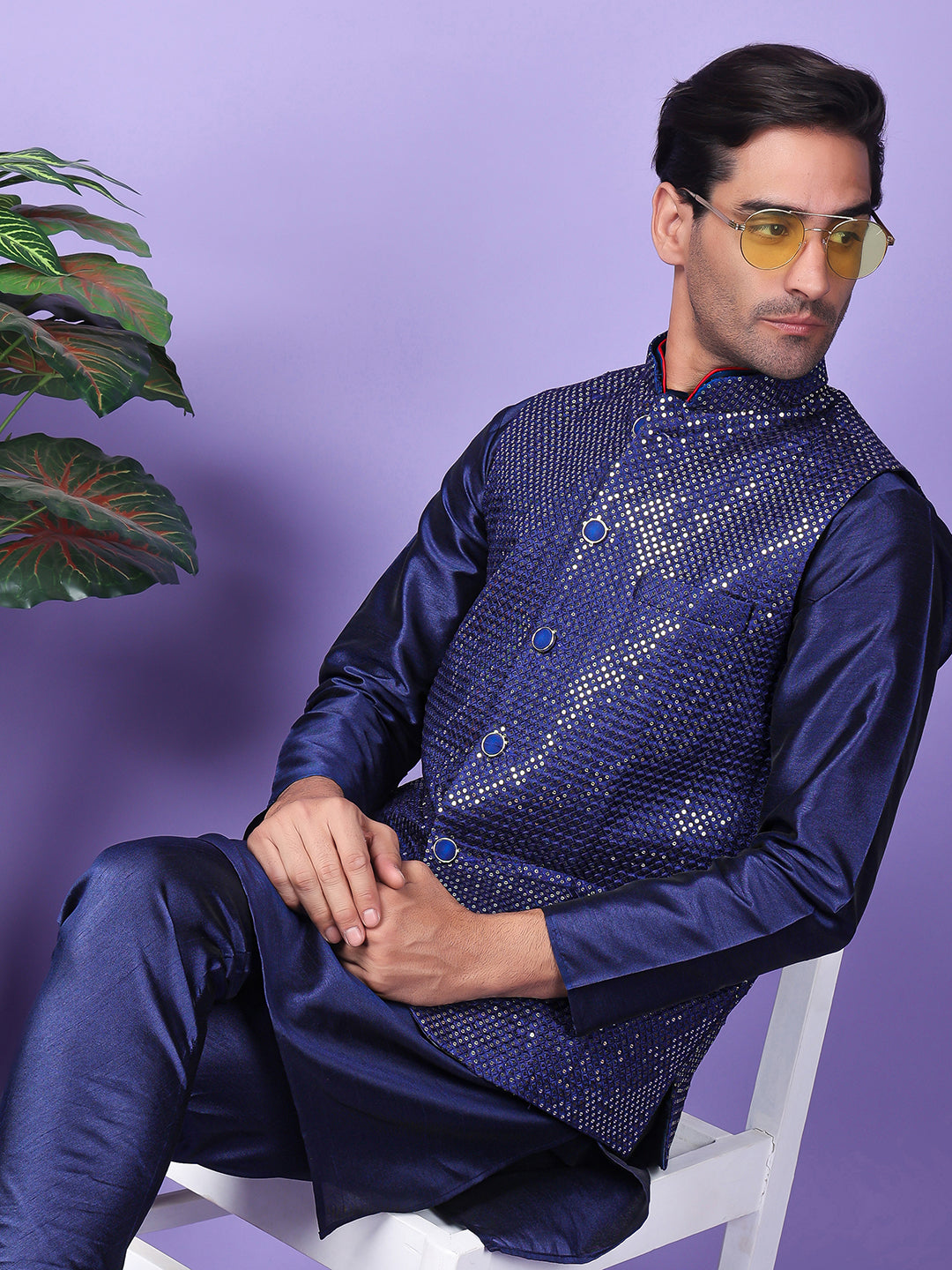 Hangup Men's Partywear DarkBlue Nehru