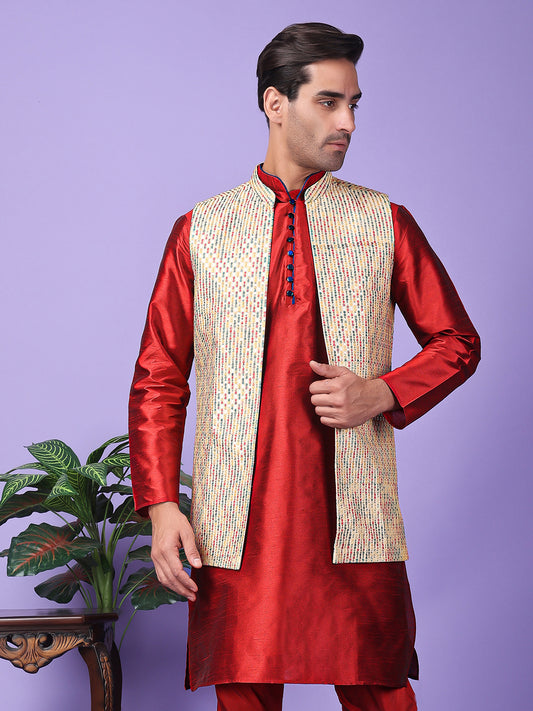 Hangup Men's Partywear Beige Nehru