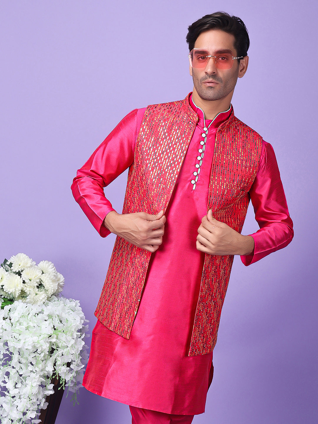 Hangup Men's Partywear Pink Nehru