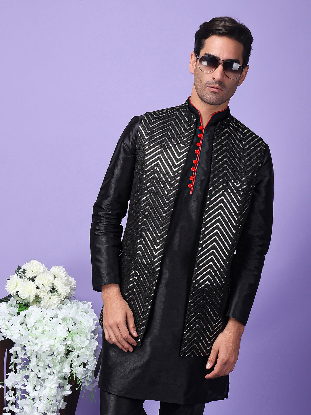 Hangup Men's Partywear Black Nehru