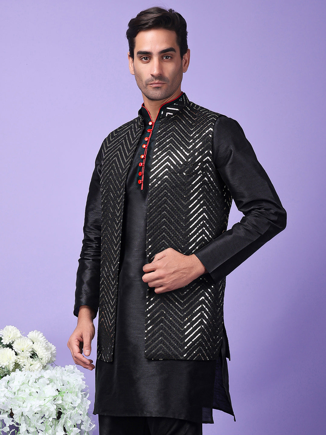 Hangup Men's Partywear Black Nehru