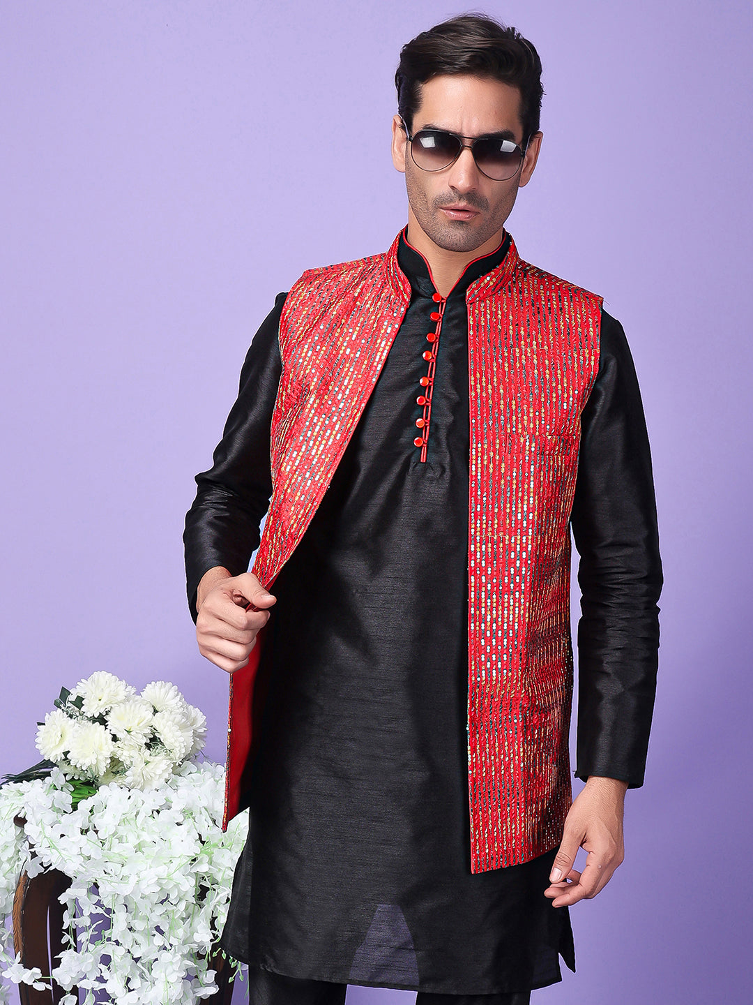 Hangup Men's Partywear Red Nehru