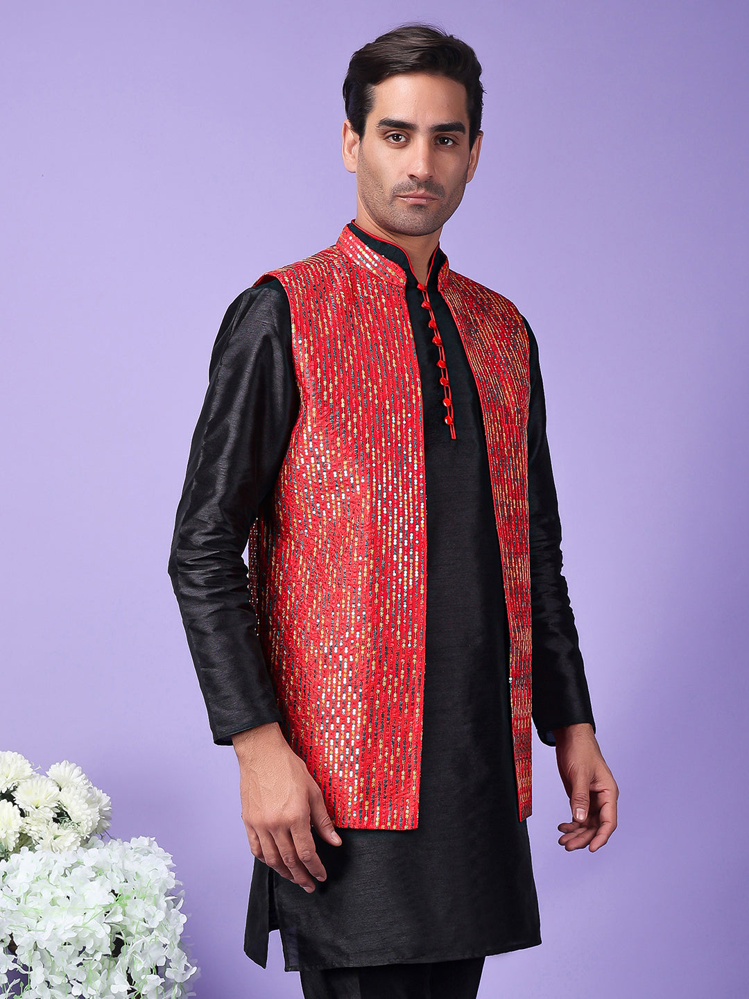 Hangup Men's Partywear Red Nehru