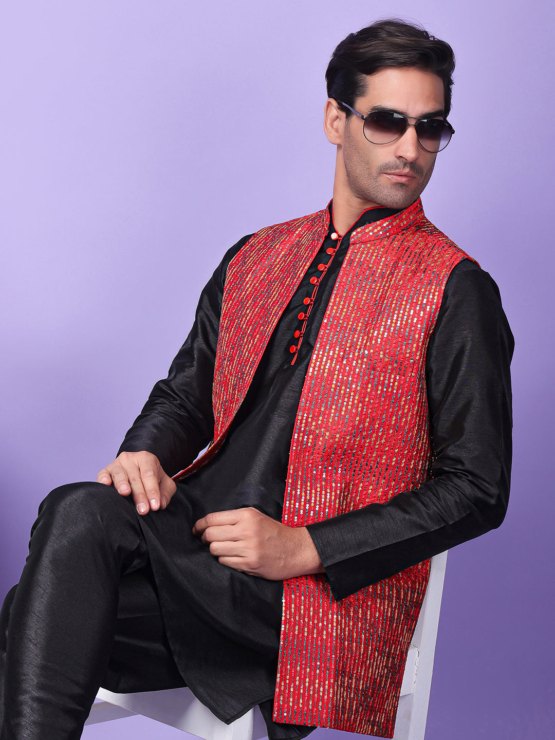 Hangup Men's Partywear Red Nehru