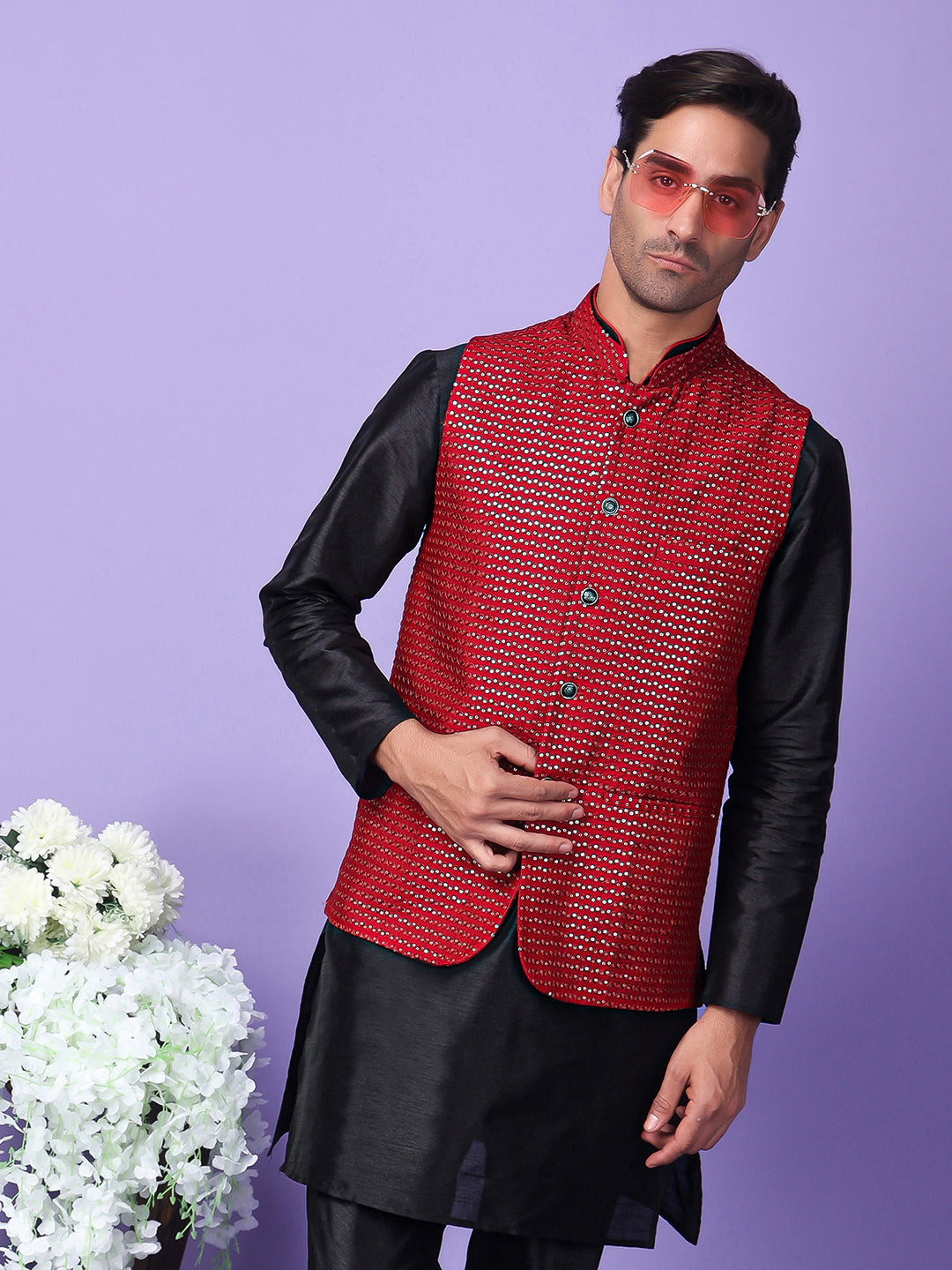 Hangup Men's Partywear Maroon Nehru