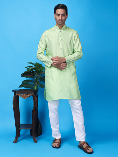 Hangup Men Partywear Weaved  Green Kurta Pyjama Set