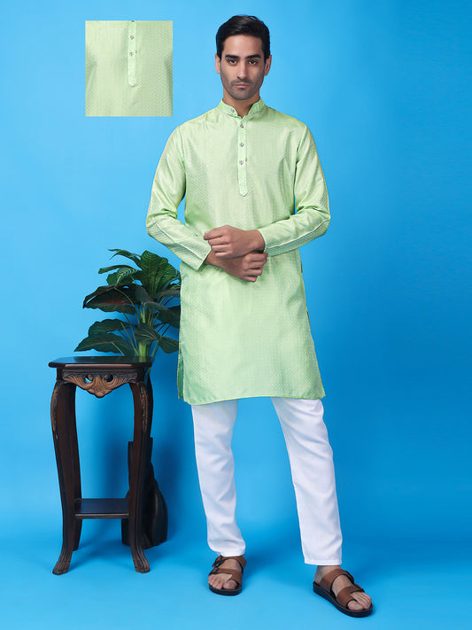 Hangup Men Partywear Weaved  Green Kurta Pyjama Set