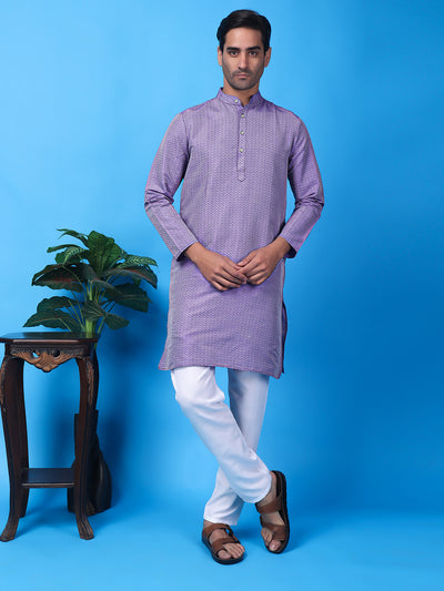 Hangup Men Partywear Weaved  Purple Kurta Pyjama Set