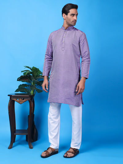 Hangup Men Partywear Weaved  Purple Kurta Pyjama Set