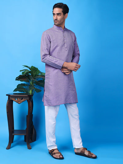 Hangup Men Partywear Weaved  Purple Kurta Pyjama Set