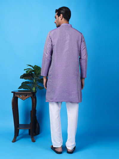 Hangup Men Partywear Weaved  Purple Kurta Pyjama Set