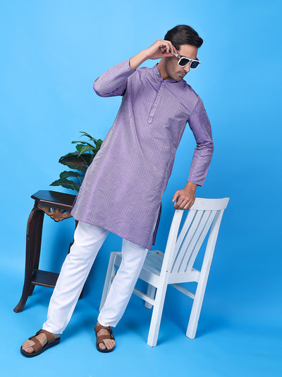 Hangup Men Partywear Weaved  Purple Kurta Pyjama Set