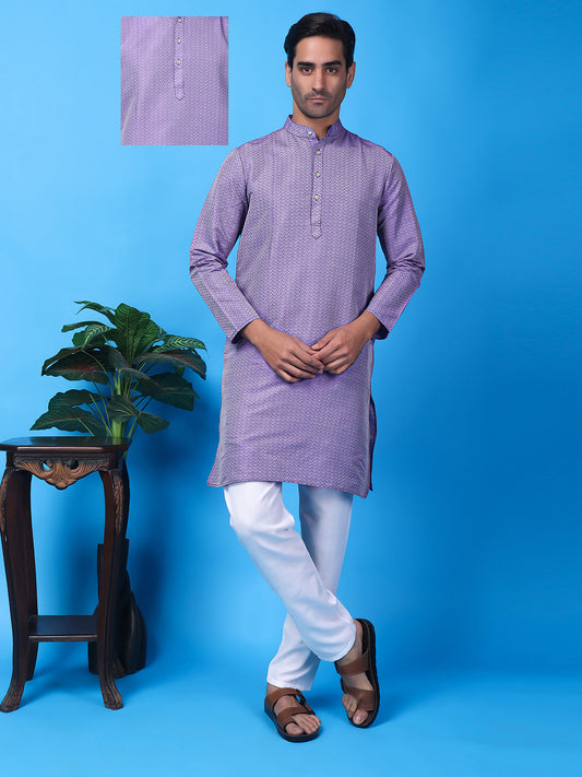 Hangup Men Partywear Weaved  Purple Kurta Pyjama Set