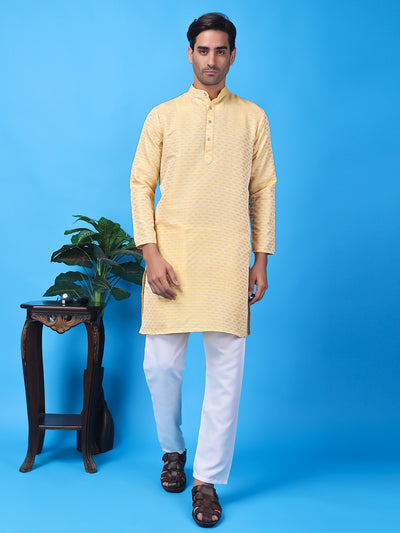 Hangup Men Partywear Weaved  Lemon Kurta Pyjama Set