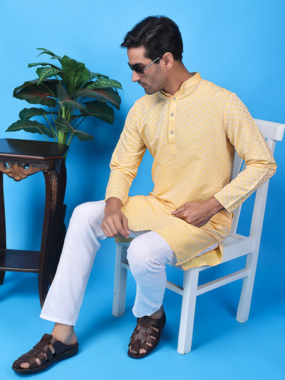 Hangup Men Partywear Weaved  Lemon Kurta Pyjama Set