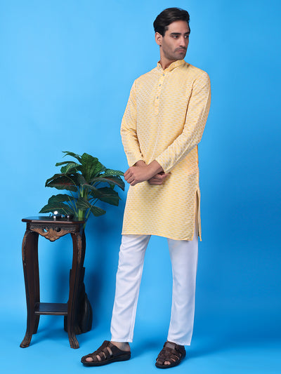 Hangup Men Partywear Weaved  Lemon Kurta Pyjama Set