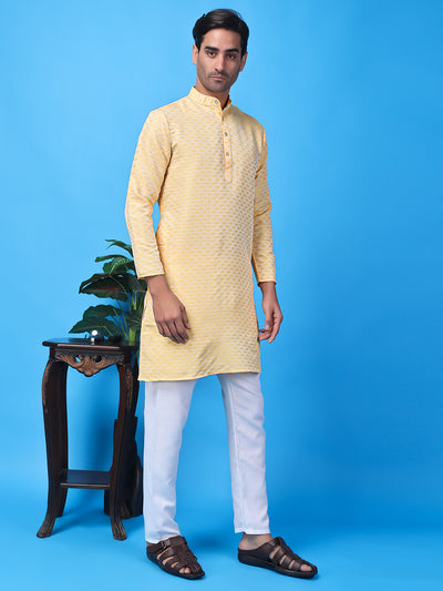 Hangup Men Partywear Weaved  Lemon Kurta Pyjama Set