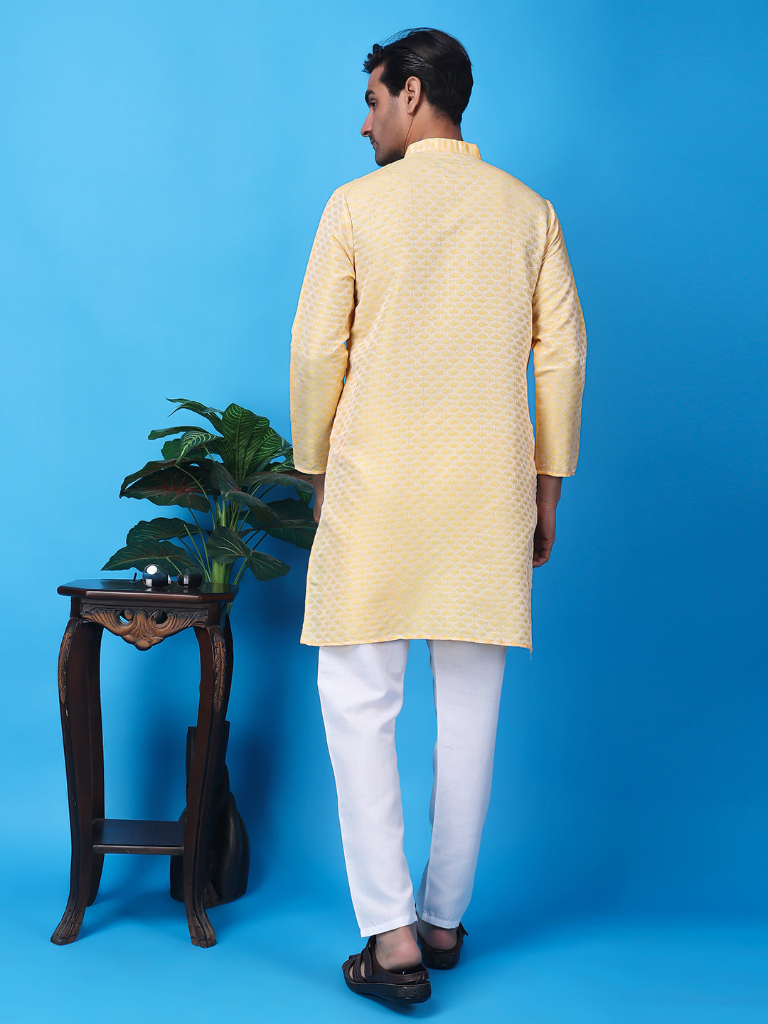 Hangup Men Partywear Weaved  Lemon Kurta Pyjama Set