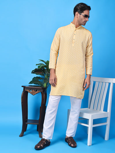 Hangup Men Partywear Weaved  Lemon Kurta Pyjama Set