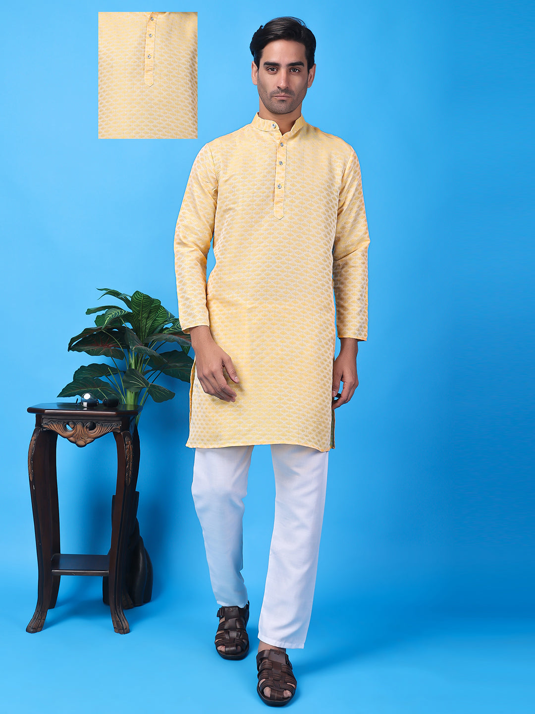 Hangup Men Partywear Weaved  Lemon Kurta Pyjama Set