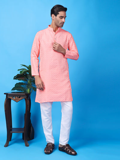 Hangup Men Partywear Weaved  Peach Kurta Pyjama Set