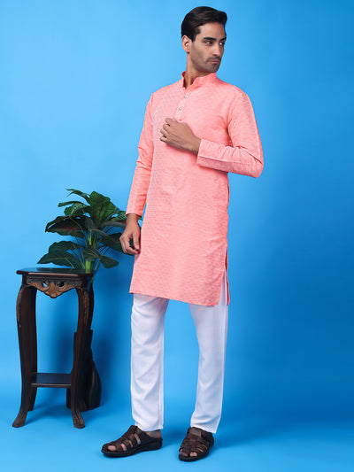 Hangup Men Partywear Weaved  Peach Kurta Pyjama Set