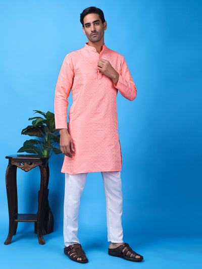 Hangup Men Partywear Weaved  Peach Kurta Pyjama Set