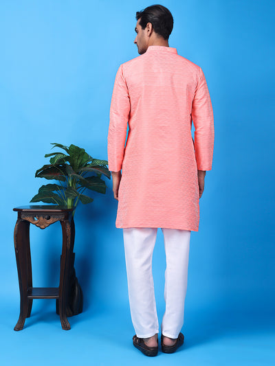 Hangup Men Partywear Weaved  Peach Kurta Pyjama Set