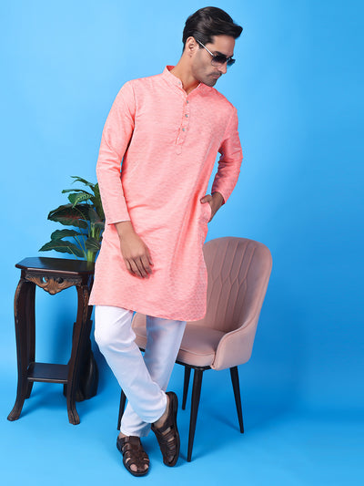 Hangup Men Partywear Weaved  Peach Kurta Pyjama Set