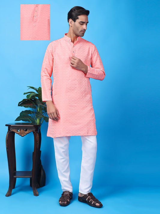 Hangup Men Partywear Weaved  Peach Kurta Pyjama Set