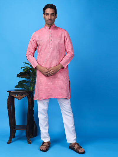 Hangup Men Partywear Weaved  Pink Kurta Pyjama Set